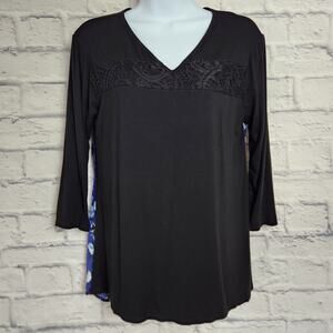 🌼Loveappella Top Womens Size Medium Black Lace Front Colorful Floral Back